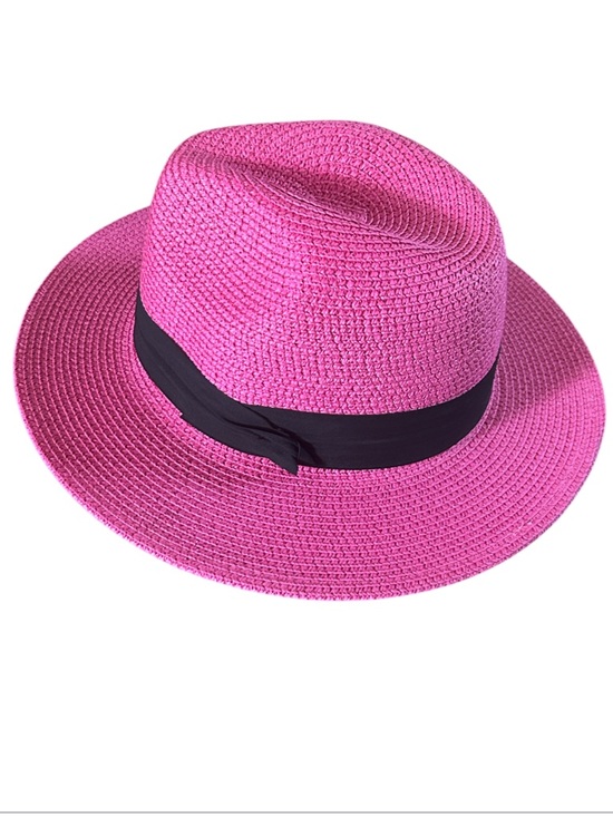 Vintage Accessories - Vintage Hot Pink Wide Brim Straw Fedora with Black Band